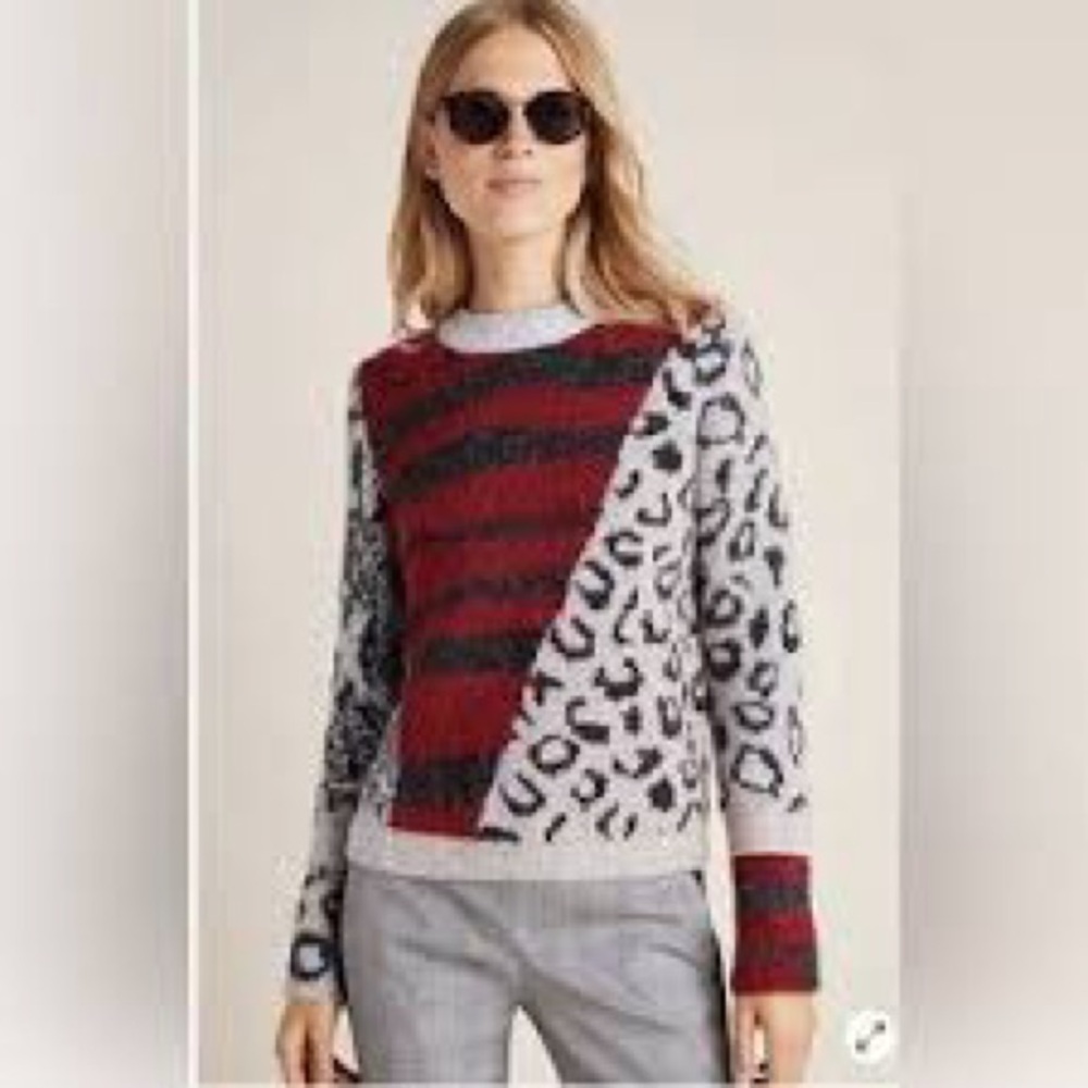 Moth by Anthropology Red and Black Animal Print Hadley Colorblock Sweater Sz L